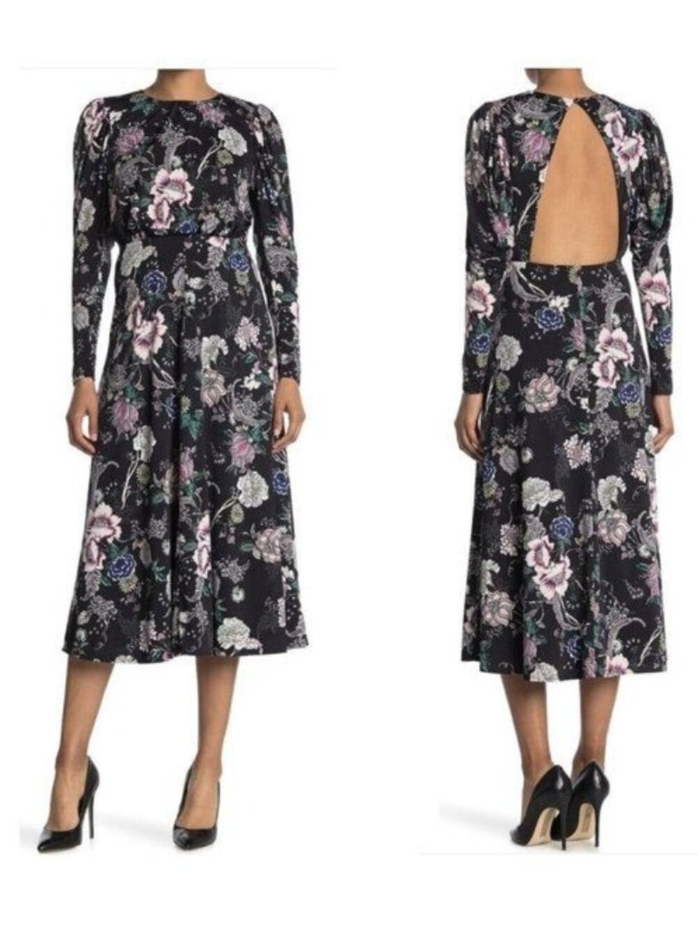 AFRM Delilah Floral Midi Dress In Black Noir Rose - L